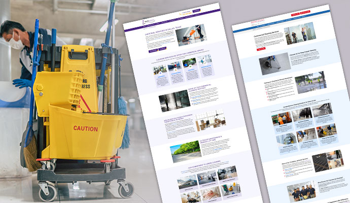 A composite image showing a janitor with a cleaning cart on the left and two examples of website designs for cleaning services on the right