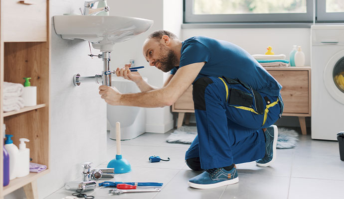 A plumber tightening sink pipe with equipment