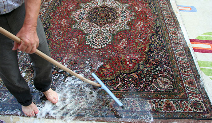Rug cleaning with brush and soap