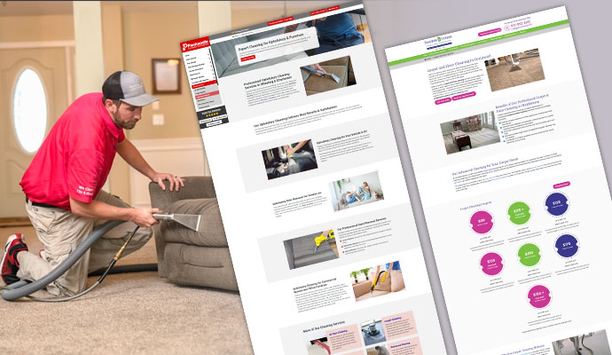 A composite image showing a technician cleaning an armchair on the left and two website designs for carpet and upholstery cleaning services on the right